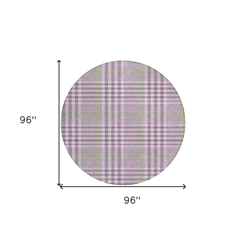 8' Purple Green And Ivory Round Plaid Washable Indoor Outdoor Area Rug