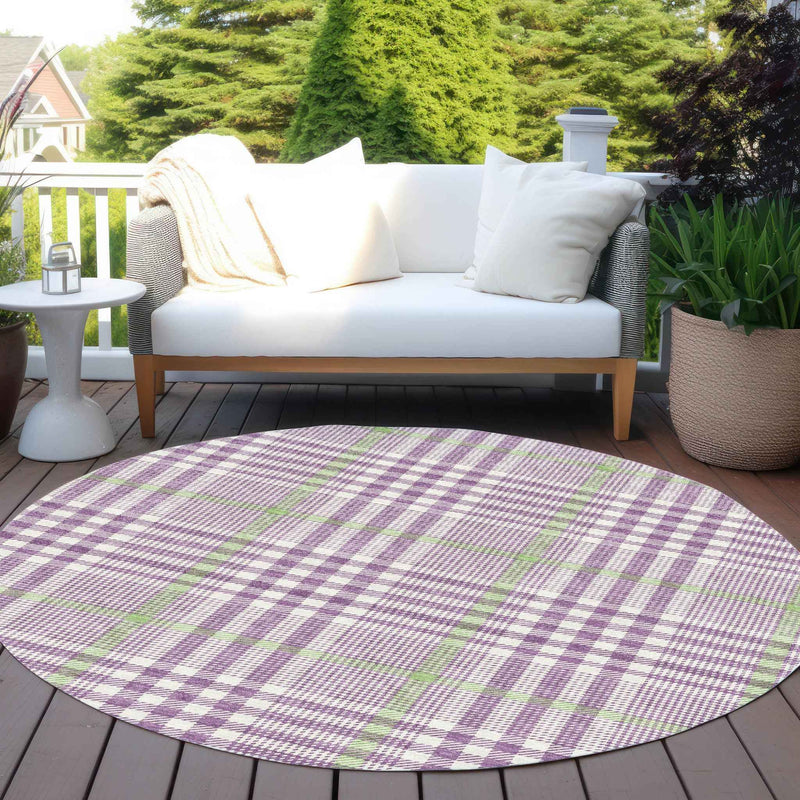 8' Purple Green And Ivory Round Plaid Washable Indoor Outdoor Area Rug