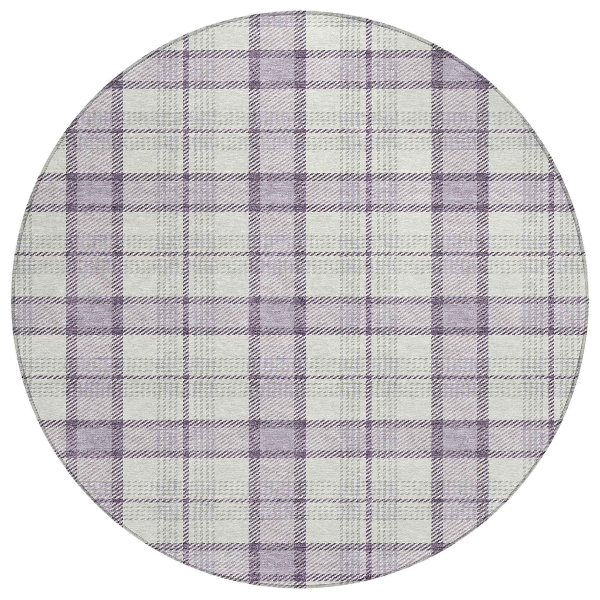 8' Lavender Purple And Gray Round Plaid Washable Indoor Outdoor Area Rug