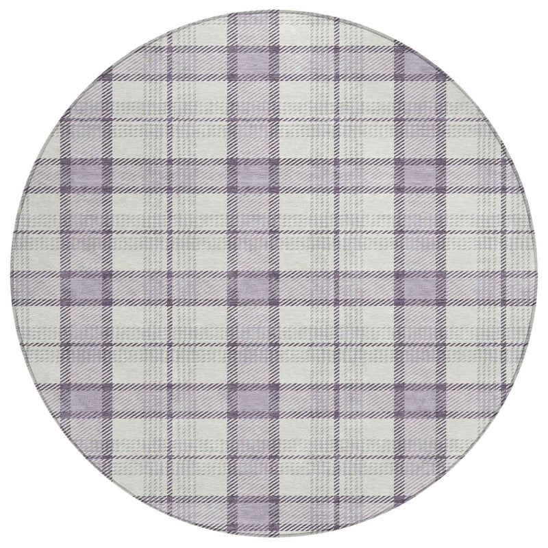 8' Lavender Purple And Gray Round Plaid Washable Indoor Outdoor Area Rug