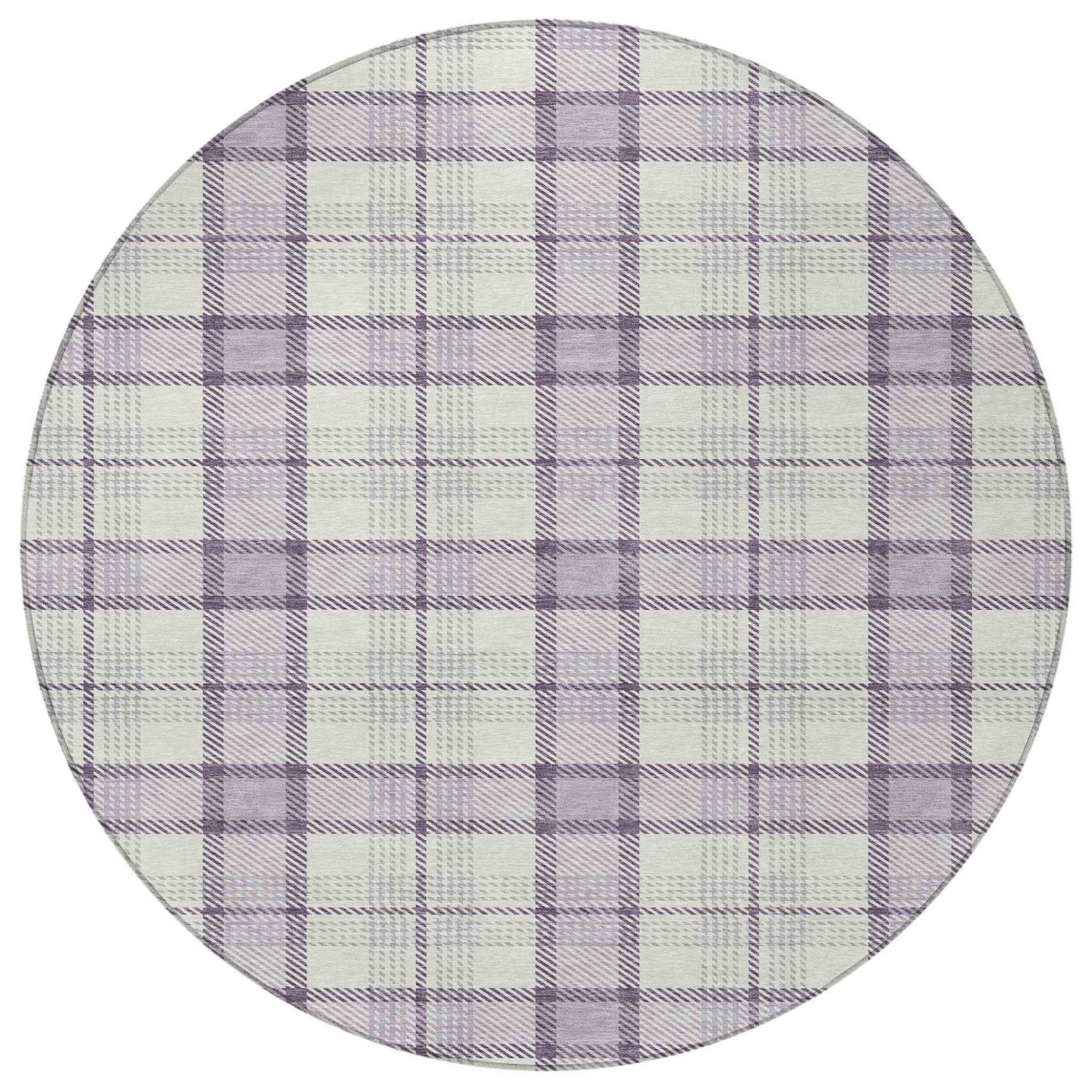 8' Lavender Purple And Gray Round Plaid Washable Indoor Outdoor Area Rug