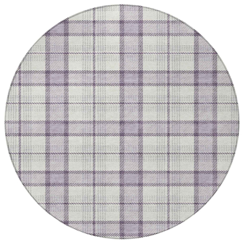 8' Lavender Purple And Gray Round Plaid Washable Indoor Outdoor Area Rug
