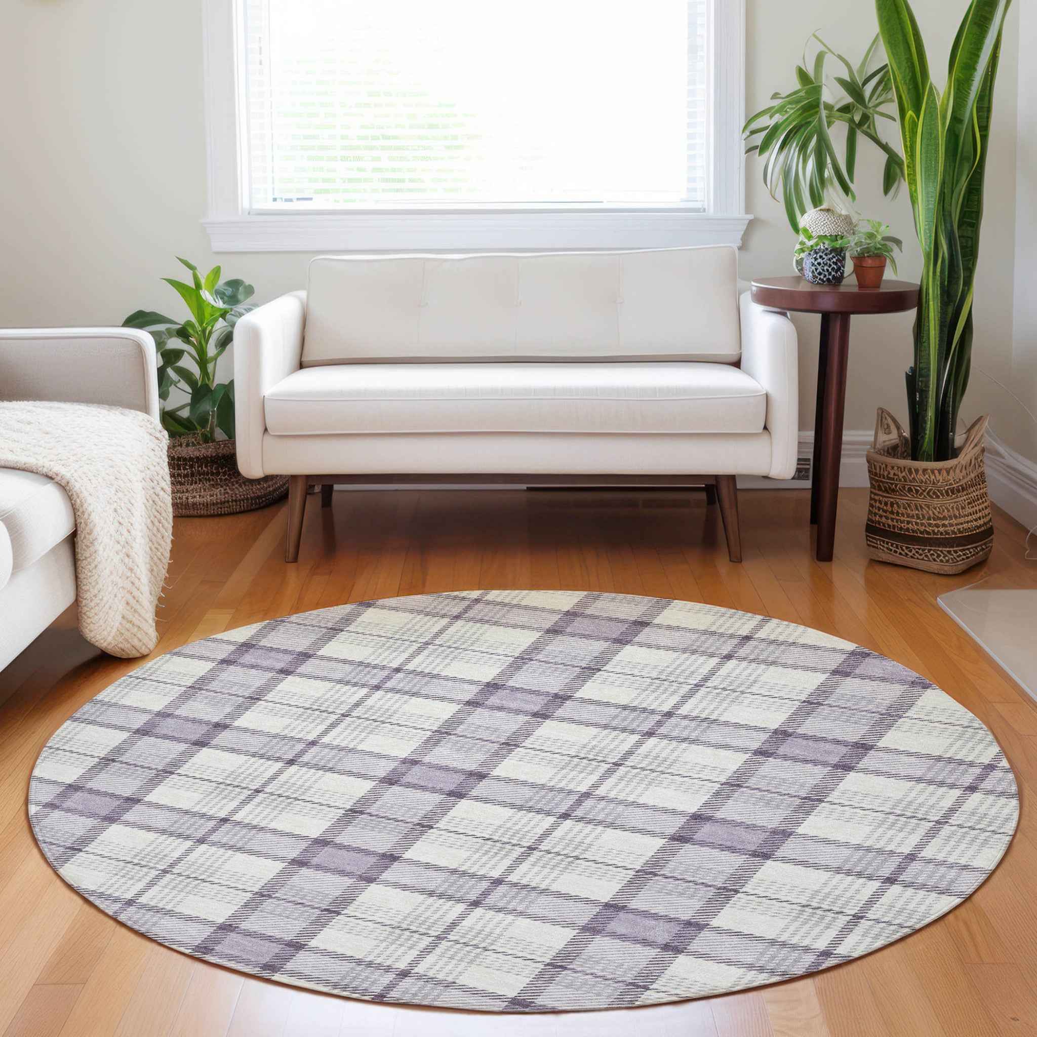 8' Lavender Purple And Gray Round Plaid Washable Indoor Outdoor Area Rug