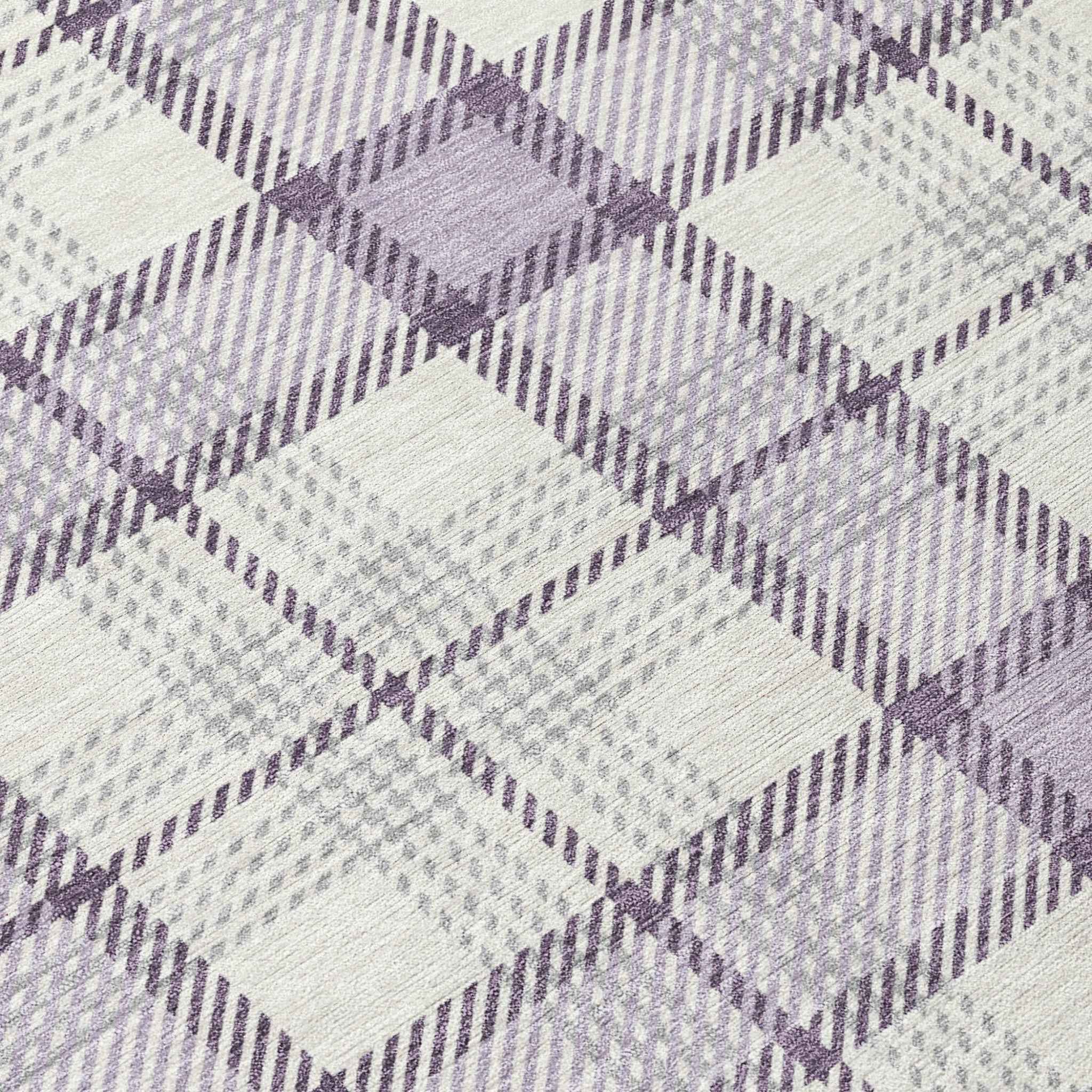 8' Lavender Purple And Gray Round Plaid Washable Indoor Outdoor Area Rug