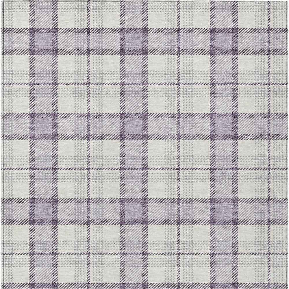 8' X 10' Lavender Purple And Gray Plaid Washable Indoor Outdoor Area Rug
