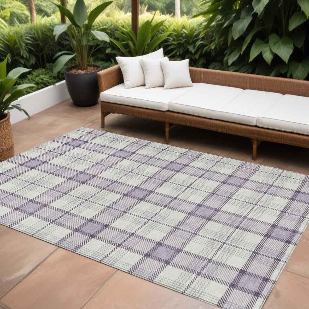 8' X 10' Lavender Purple And Gray Plaid Washable Indoor Outdoor Area Rug