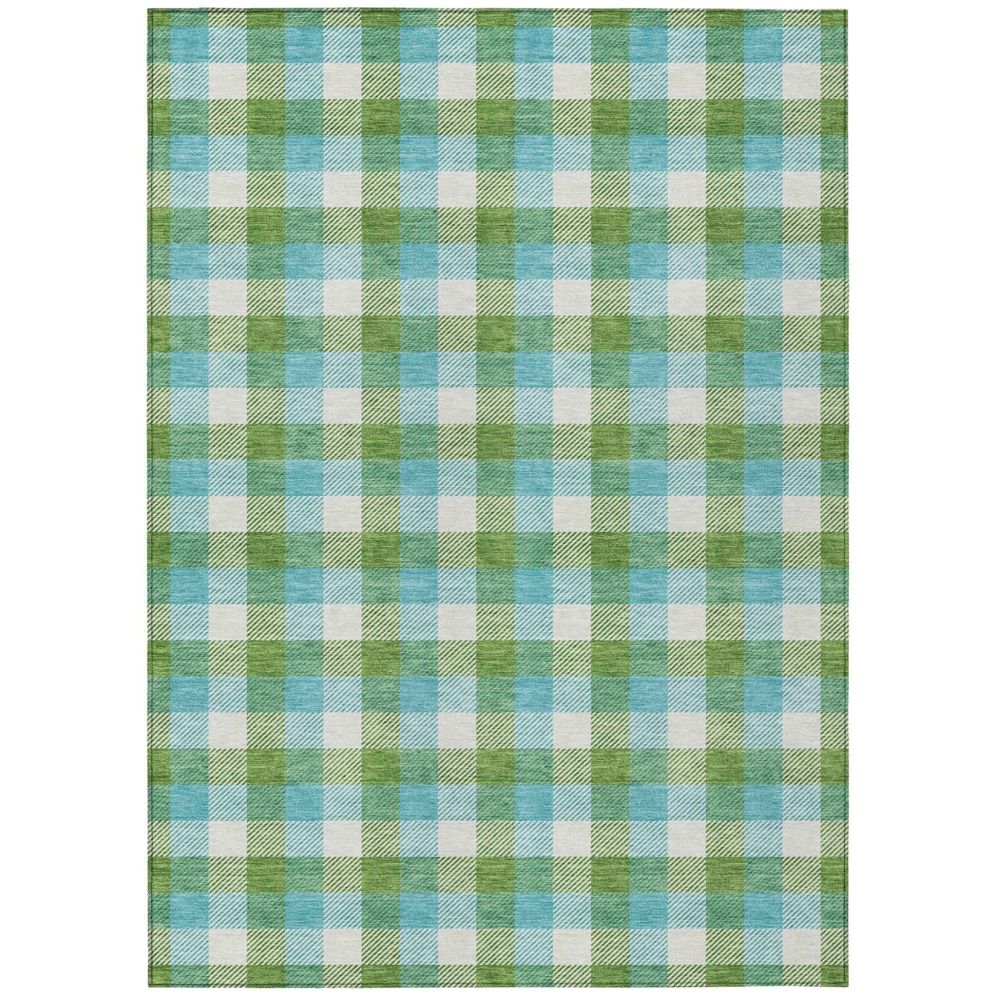 8' X 10' Lime Green Aqua And Beige Plaid Washable Indoor Outdoor Area Rug