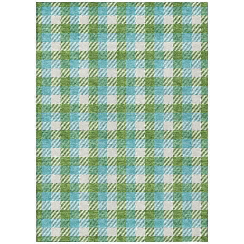 8' X 10' Lime Green Aqua And Beige Plaid Washable Indoor Outdoor Area Rug