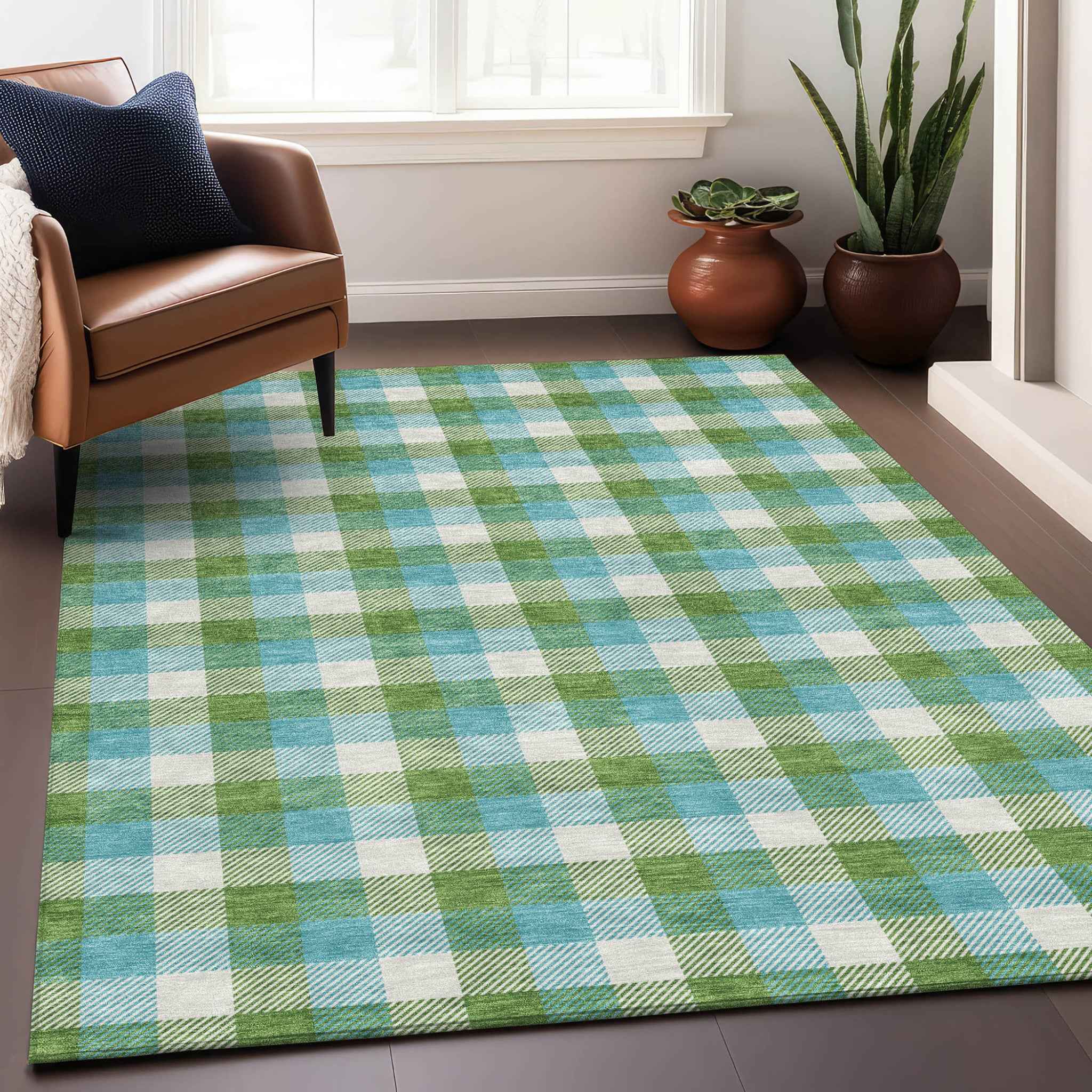 8' X 10' Lime Green Aqua And Beige Plaid Washable Indoor Outdoor Area Rug