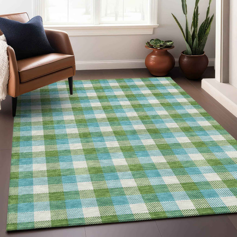 8' X 10' Lime Green Aqua And Beige Plaid Washable Indoor Outdoor Area Rug