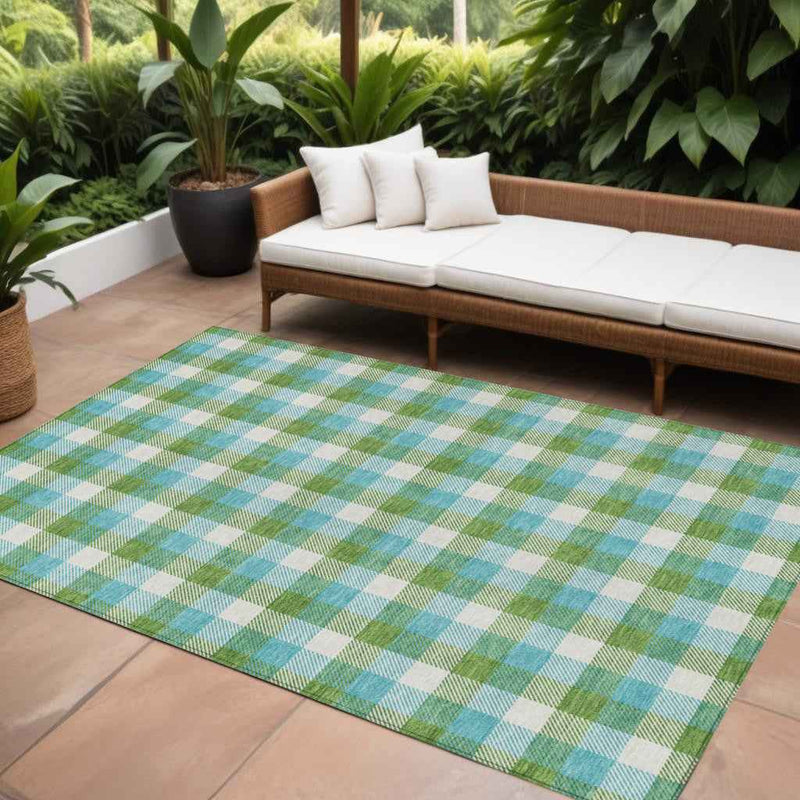 8' X 10' Lime Green Aqua And Beige Plaid Washable Indoor Outdoor Area Rug