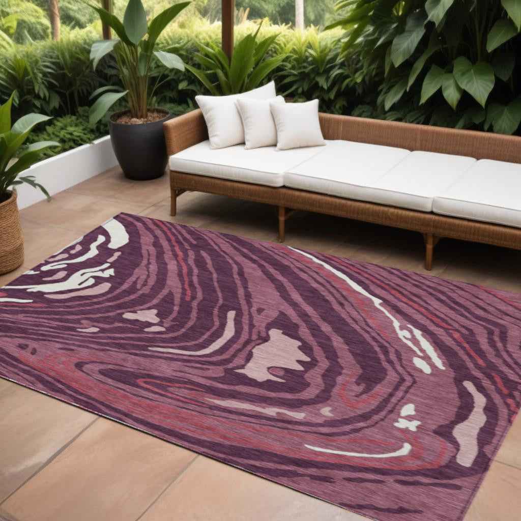 8' X 10' Burgundy Brick Red And Ivory Abstract Washable Indoor Outdoor Area Rug