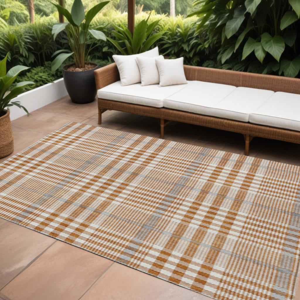 10' X 14' Brown Beige And Beige Plaid Washable Indoor Outdoor Area Rug