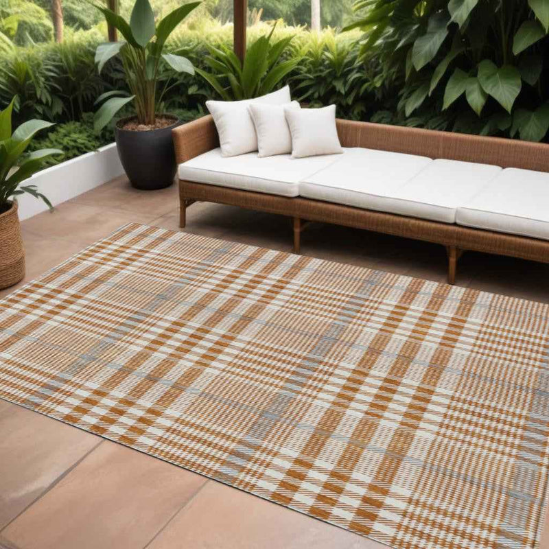 10' X 14' Brown Beige And Beige Plaid Washable Indoor Outdoor Area Rug