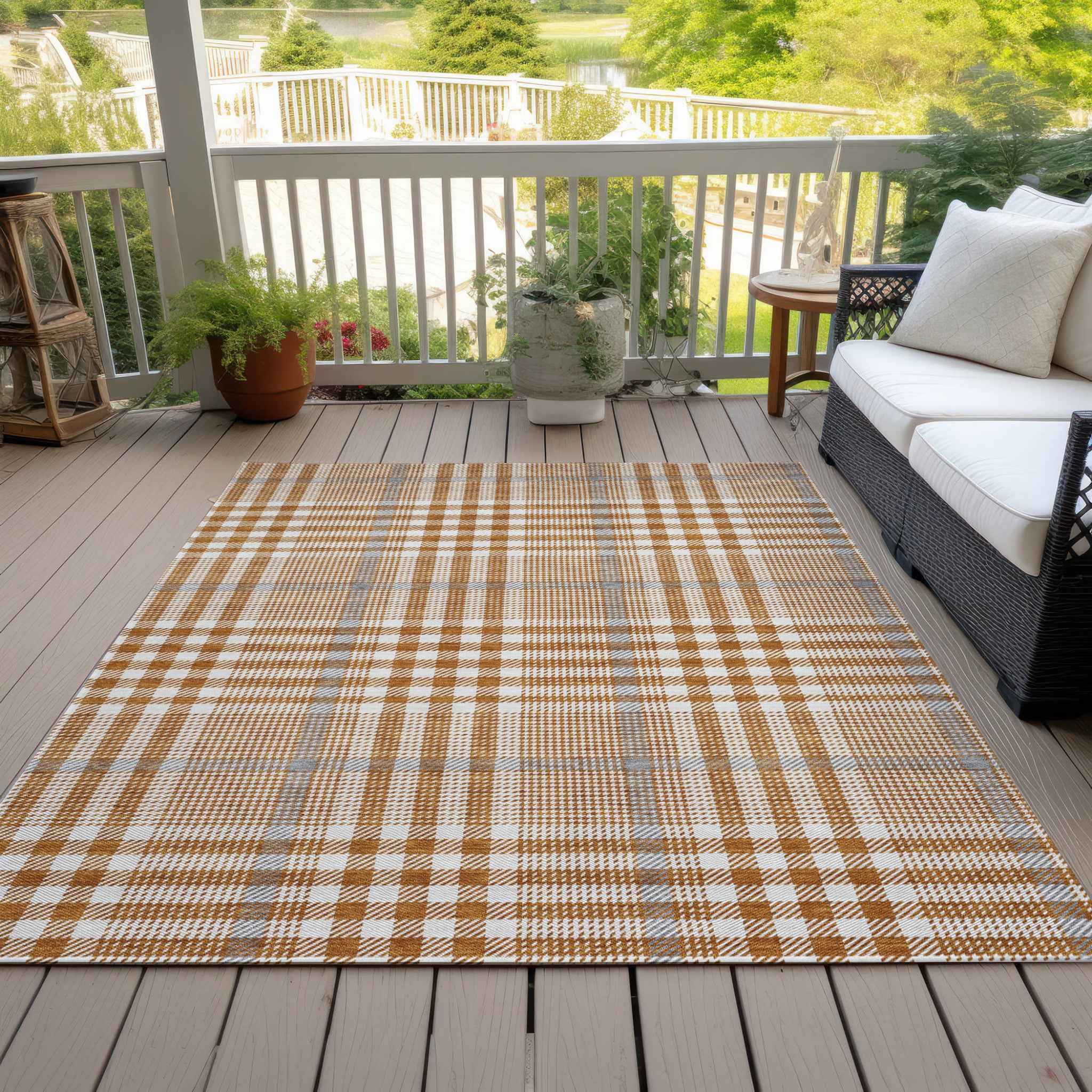 10' X 14' Brown Beige And Beige Plaid Washable Indoor Outdoor Area Rug