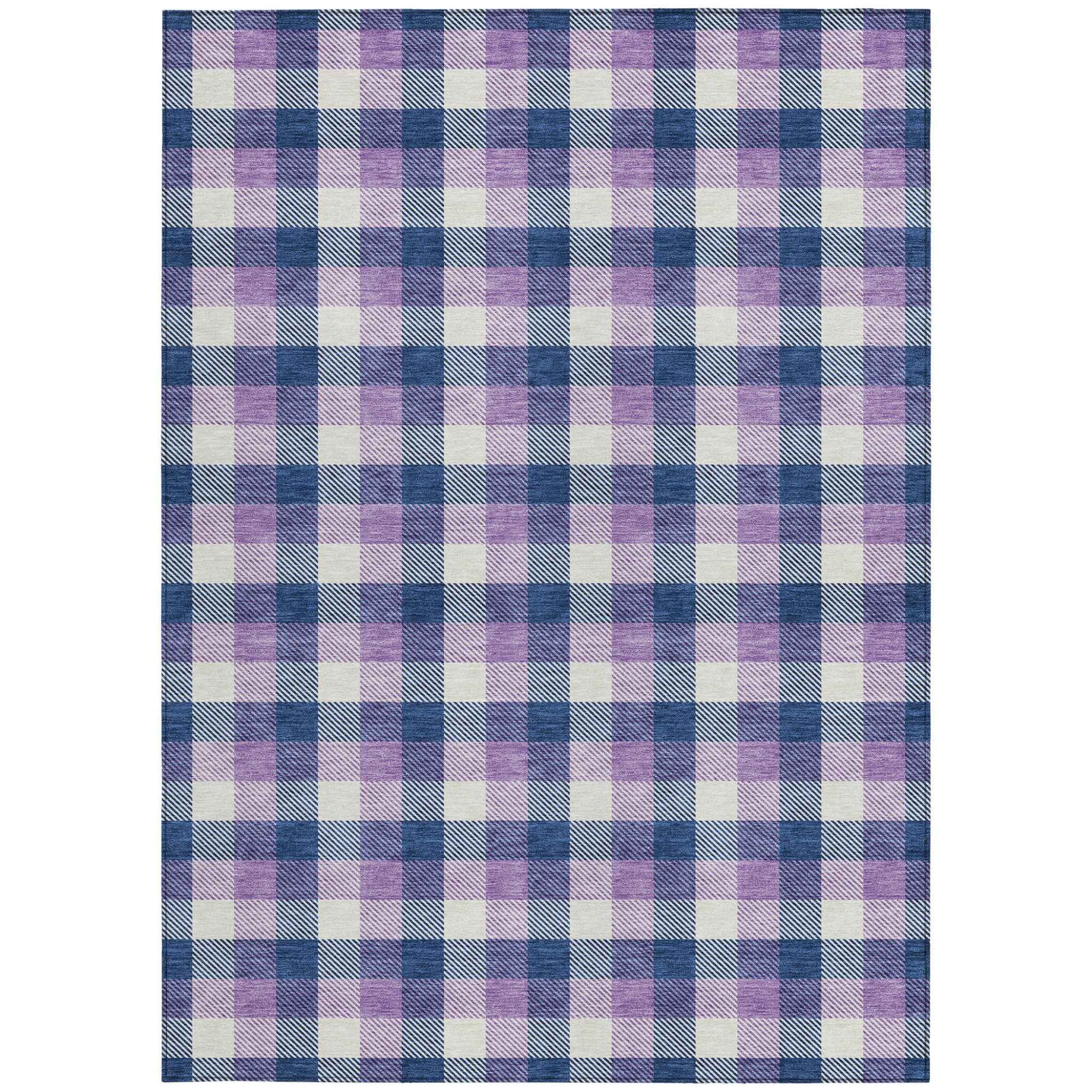 3' X 5' Navy Blue Purple And Beige Plaid Washable Indoor Outdoor Area Rug