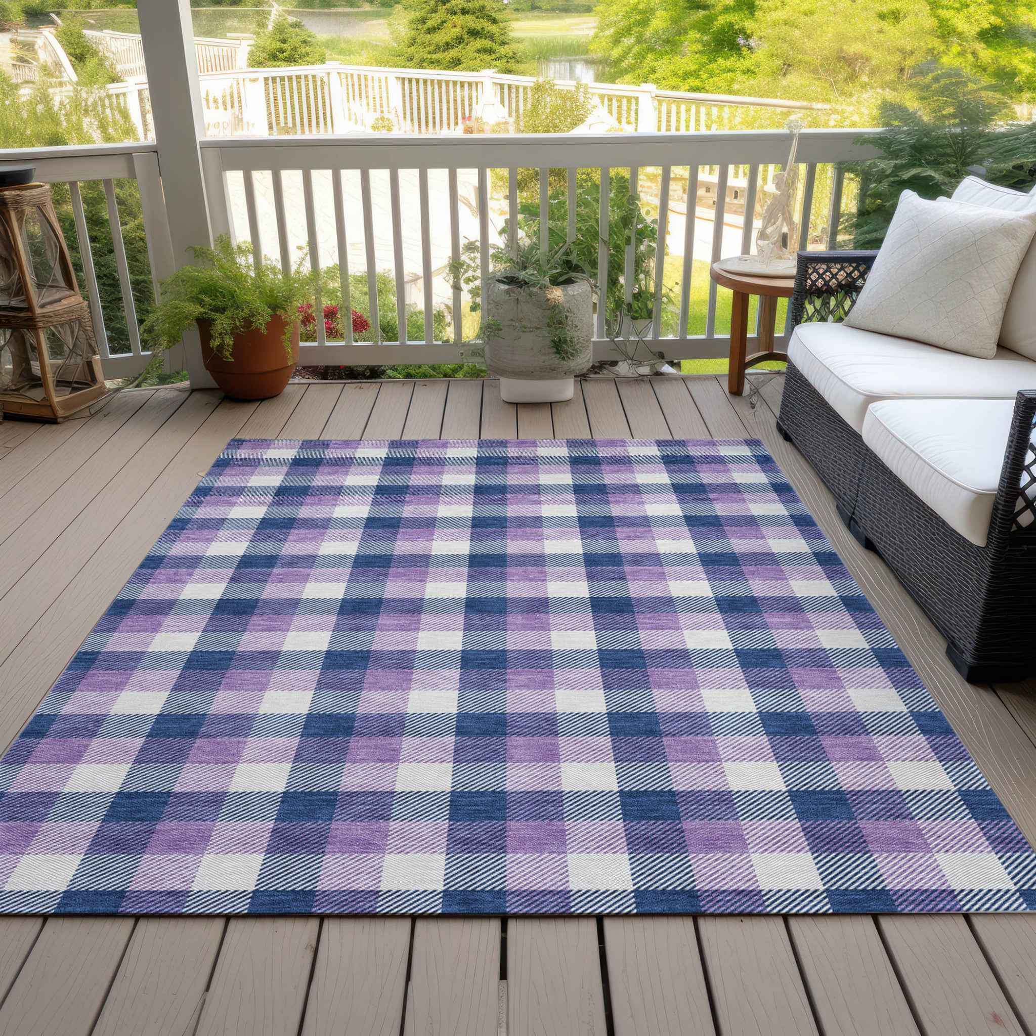3' X 5' Navy Blue Purple And Beige Plaid Washable Indoor Outdoor Area Rug