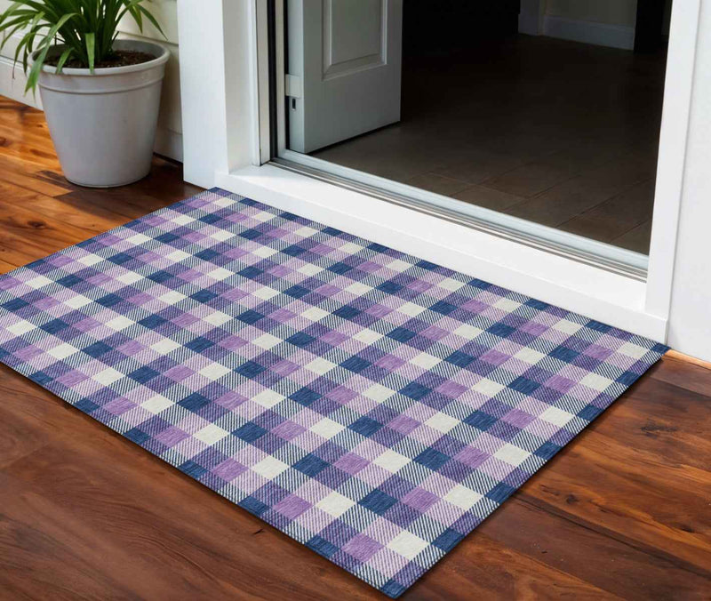 3' X 5' Navy Blue Purple And Beige Plaid Washable Indoor Outdoor Area Rug