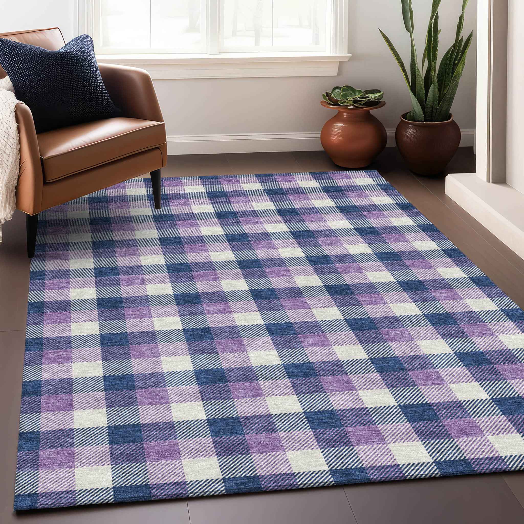 3' X 5' Navy Blue Purple And Beige Plaid Washable Indoor Outdoor Area Rug