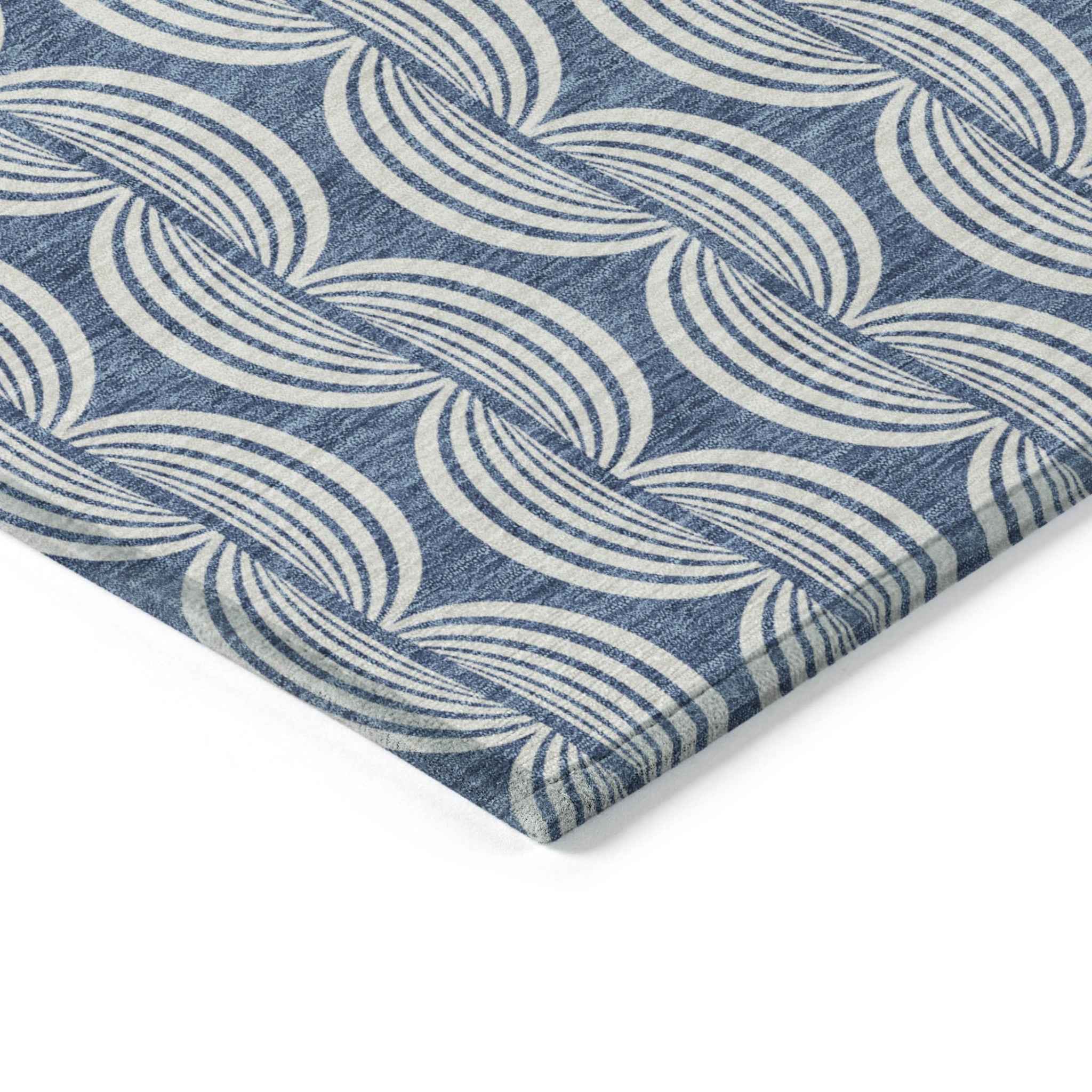 10' X 14' Denim Blue And Ivory Ogee Washable Indoor Outdoor Area Rug