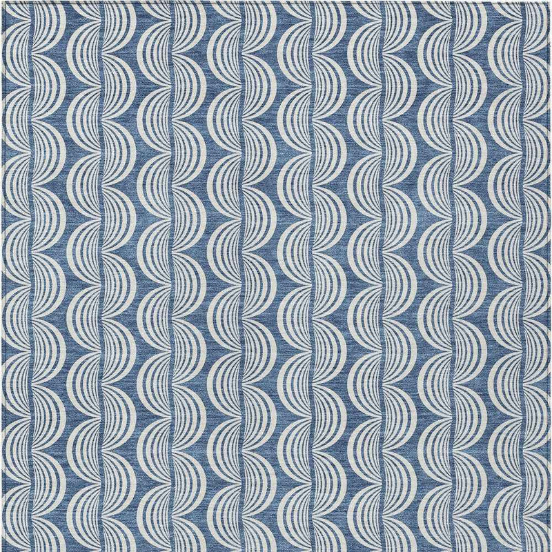 10' X 14' Denim Blue And Ivory Ogee Washable Indoor Outdoor Area Rug