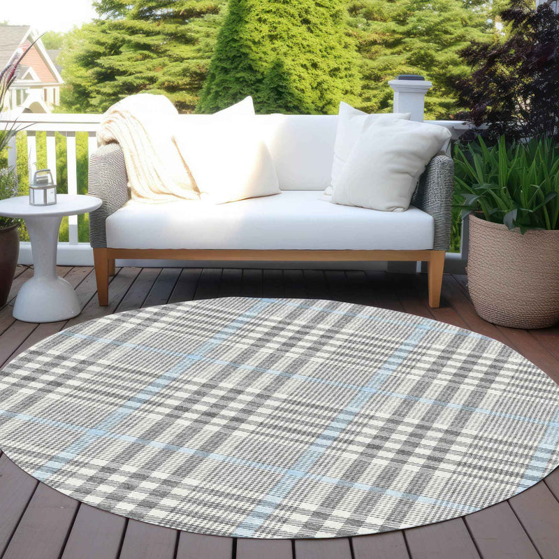 8' Gray Blue And Beige Round Plaid Washable Indoor Outdoor Area Rug