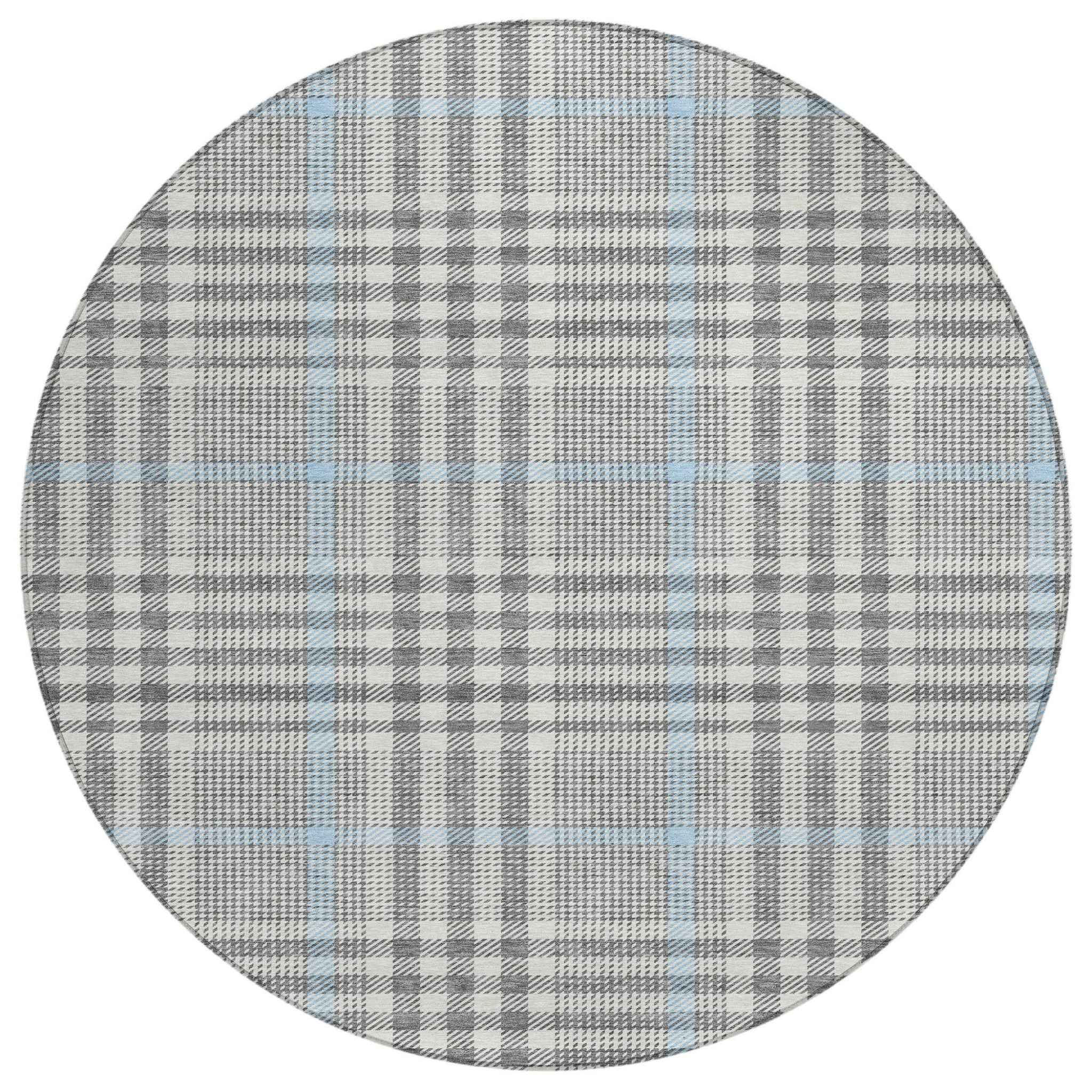 8' Gray Blue And Beige Round Plaid Washable Indoor Outdoor Area Rug
