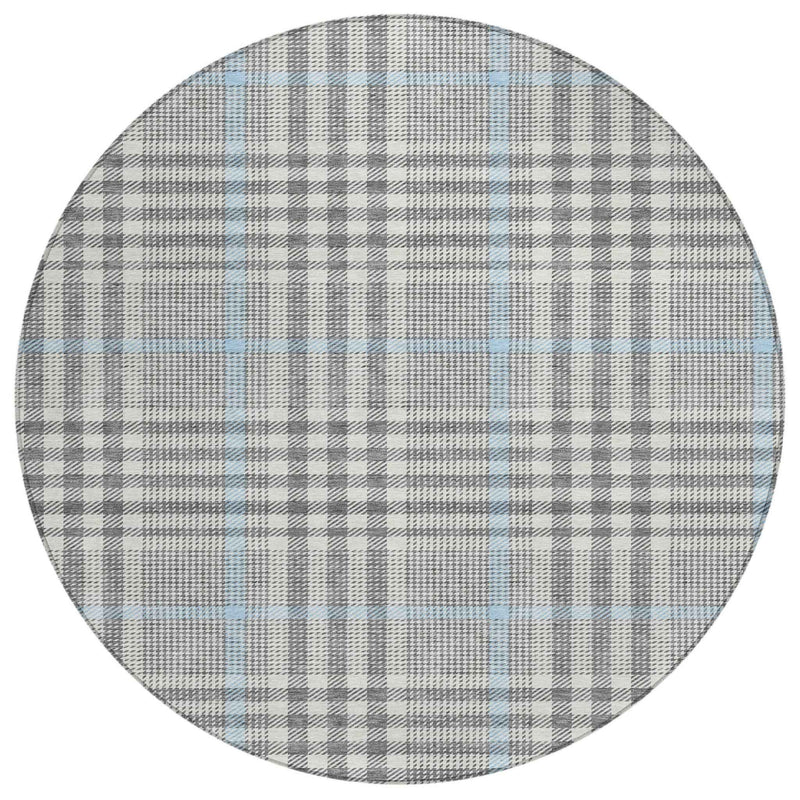 8' Gray Blue And Beige Round Plaid Washable Indoor Outdoor Area Rug