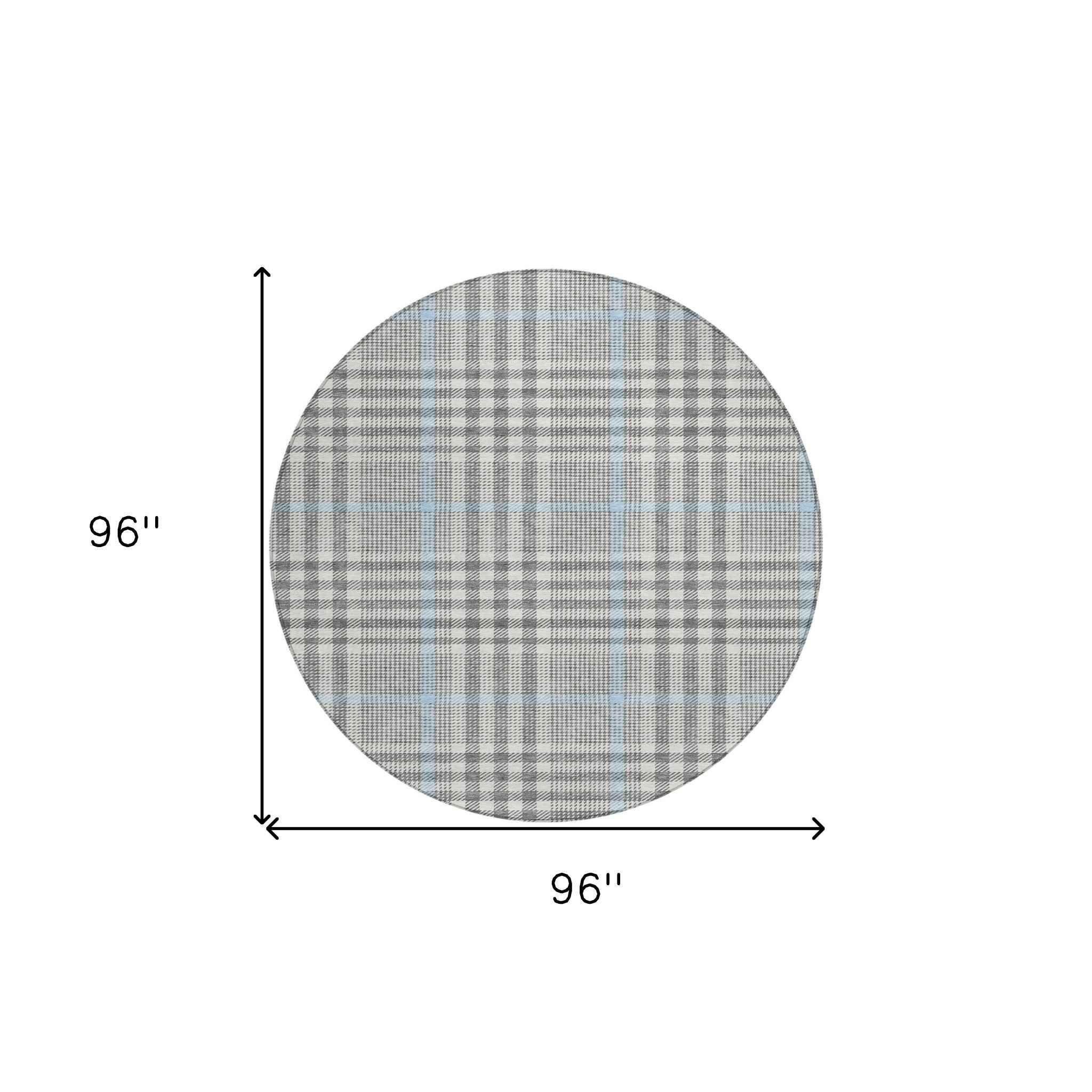 8' Gray Blue And Beige Round Plaid Washable Indoor Outdoor Area Rug