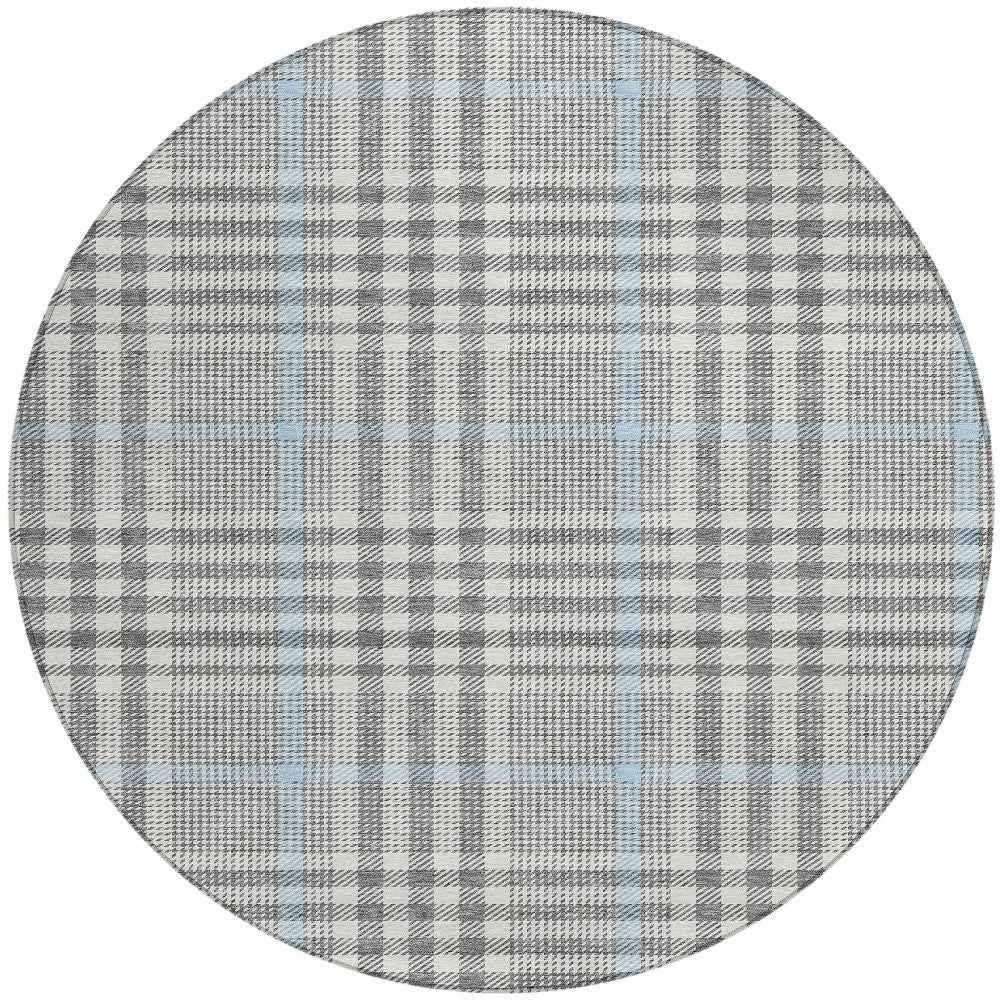 8' Gray Blue And Beige Round Plaid Washable Indoor Outdoor Area Rug