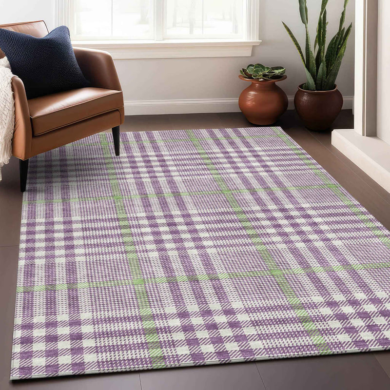5' X 8' Purple Green And Ivory Plaid Washable Indoor Outdoor Area Rug