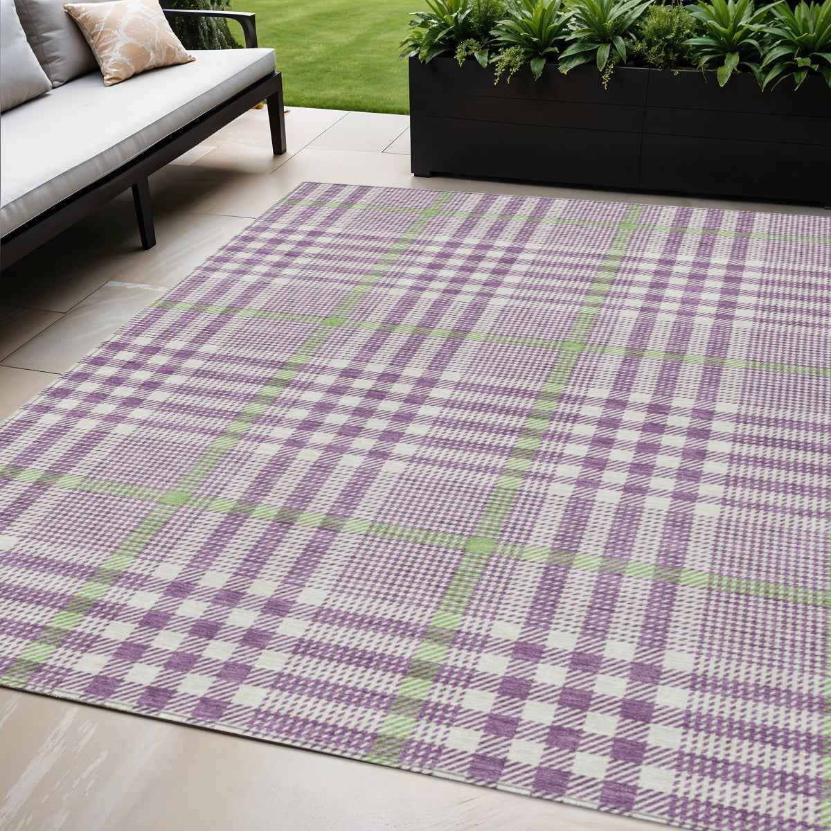 5' X 8' Purple Green And Ivory Plaid Washable Indoor Outdoor Area Rug