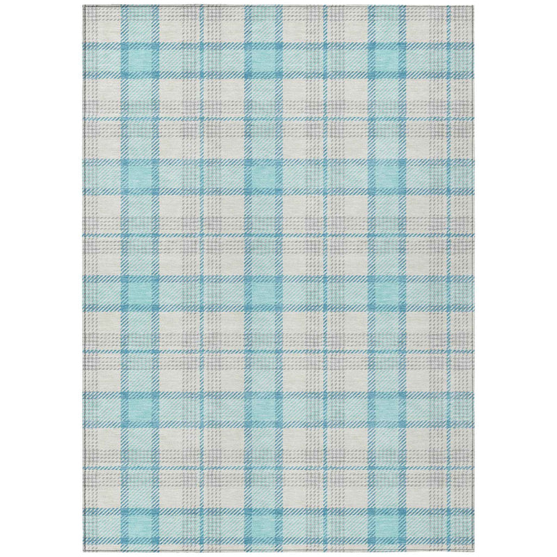8' X 10' Aqua And Gray Plaid Washable Indoor Outdoor Area Rug