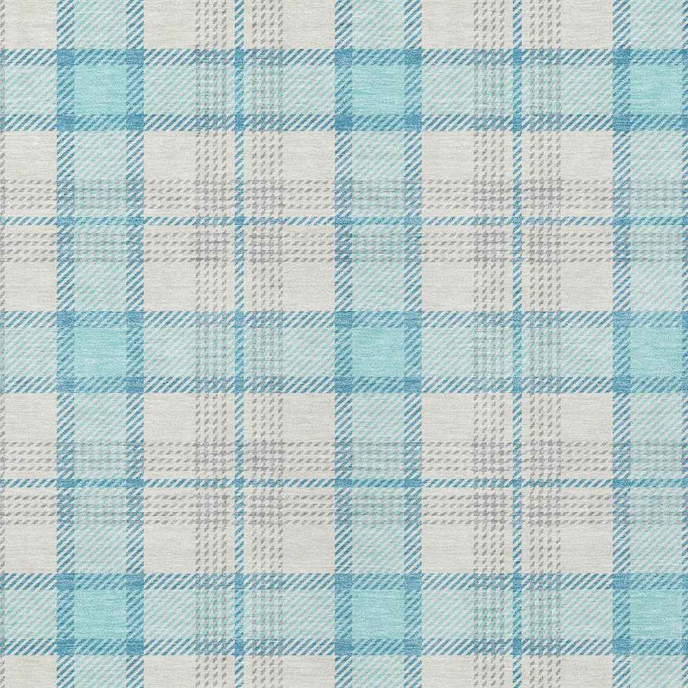 8' X 10' Aqua And Gray Plaid Washable Indoor Outdoor Area Rug