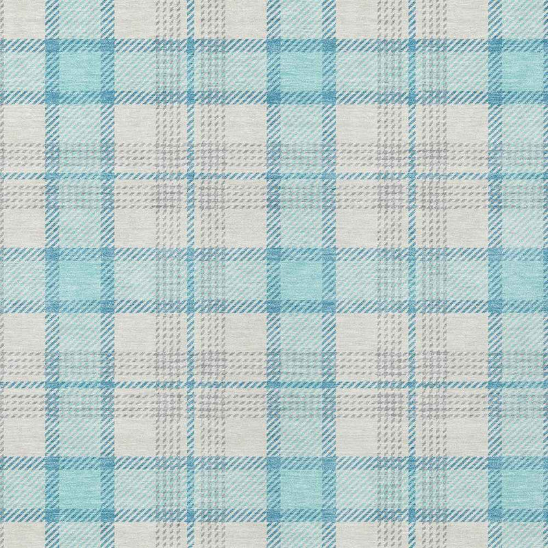 8' X 10' Aqua And Gray Plaid Washable Indoor Outdoor Area Rug
