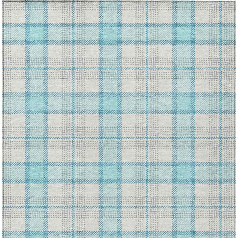8' X 10' Aqua And Gray Plaid Washable Indoor Outdoor Area Rug