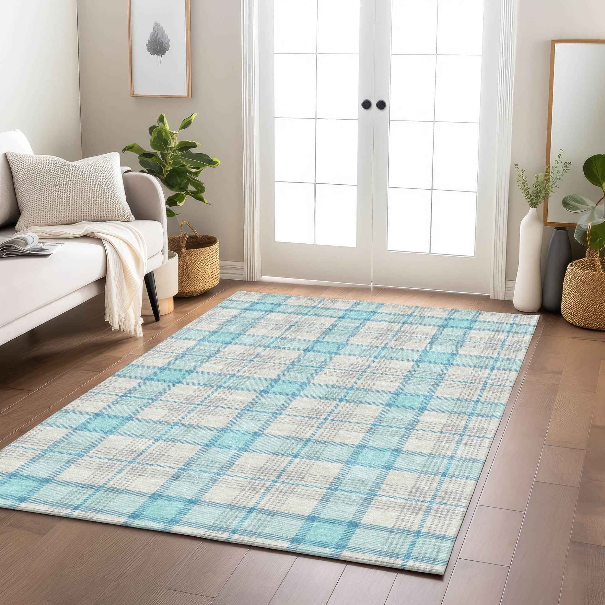8' X 10' Aqua And Gray Plaid Washable Indoor Outdoor Area Rug