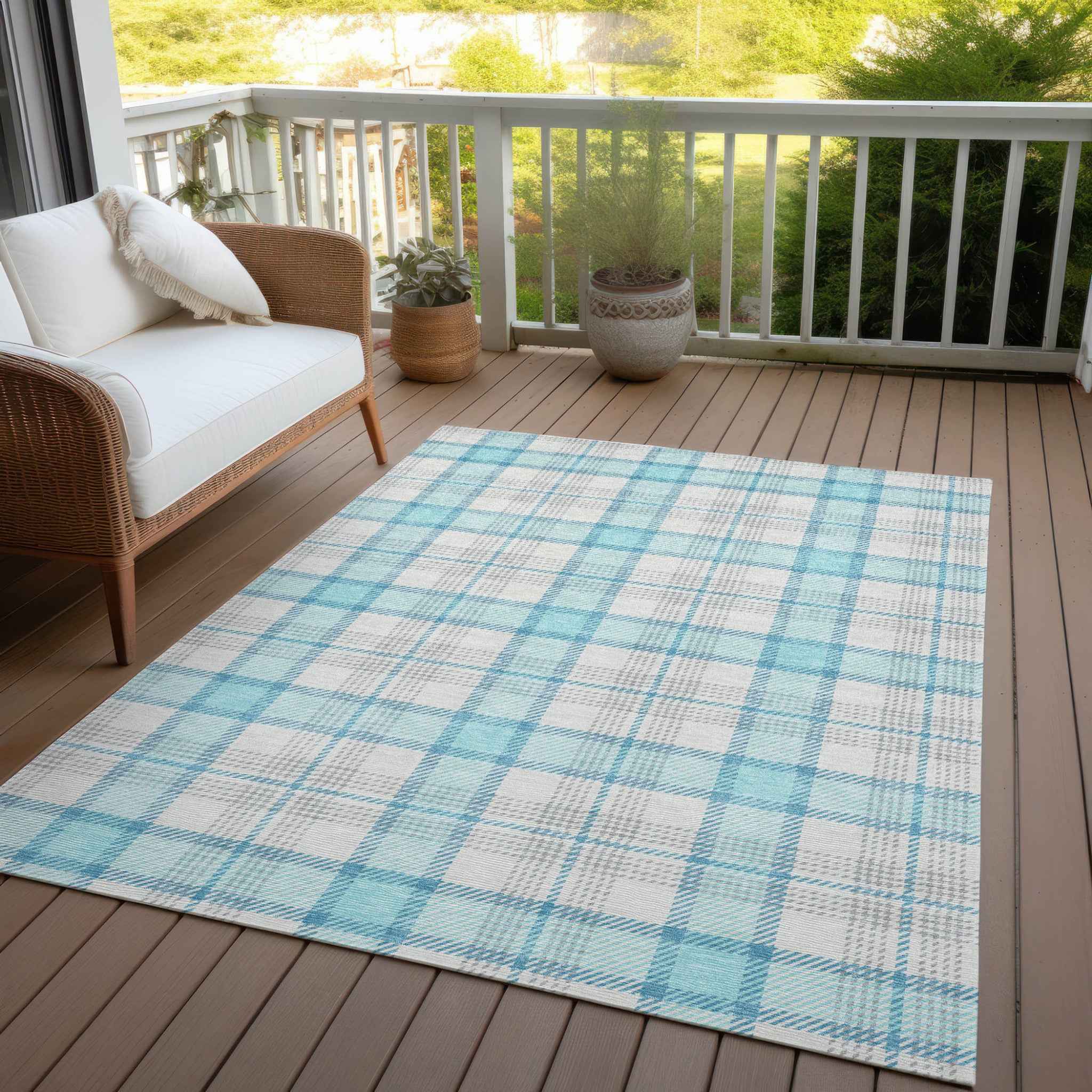 8' X 10' Aqua And Gray Plaid Washable Indoor Outdoor Area Rug