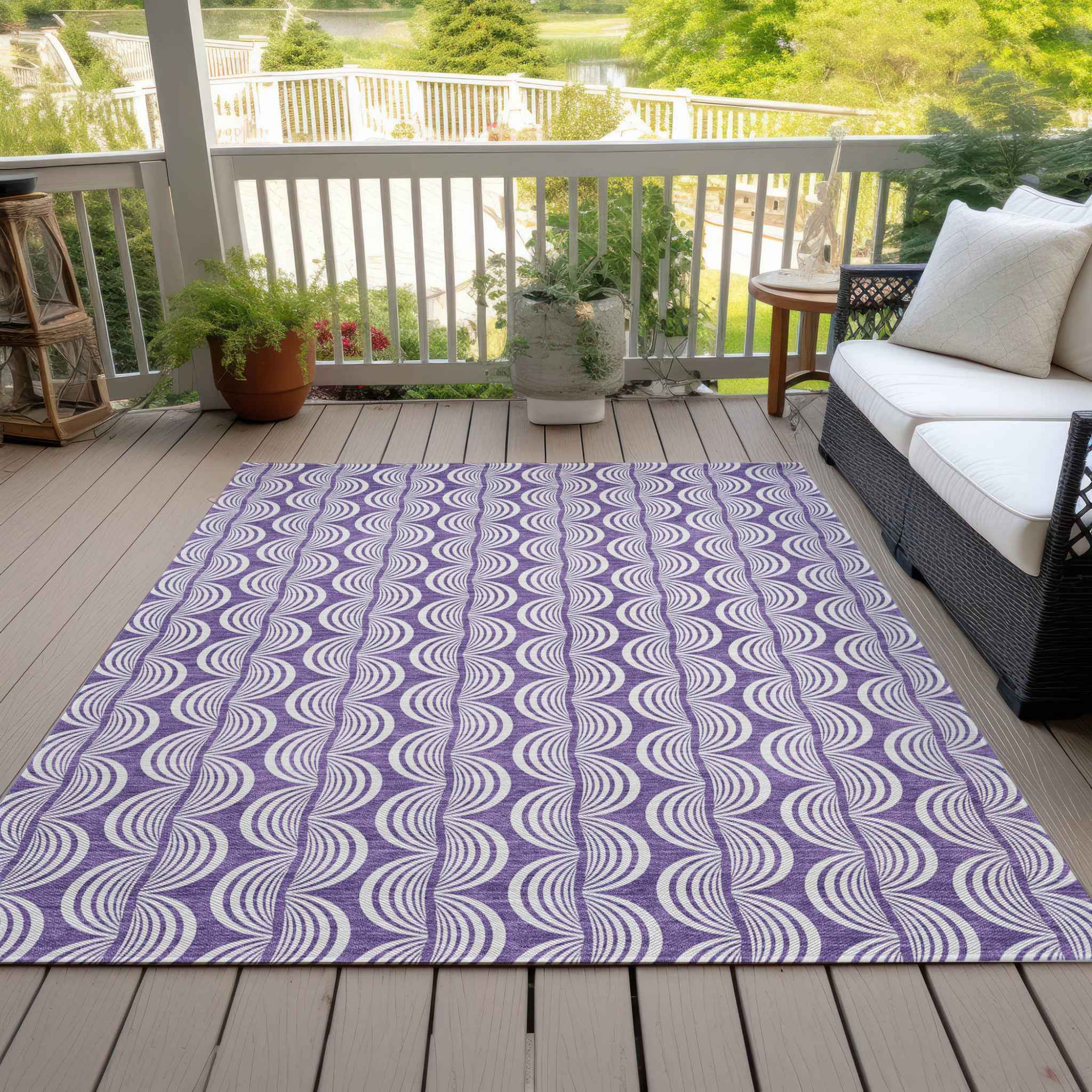 8' X 10' Purple And Ivory Ogee Washable Indoor Outdoor Area Rug