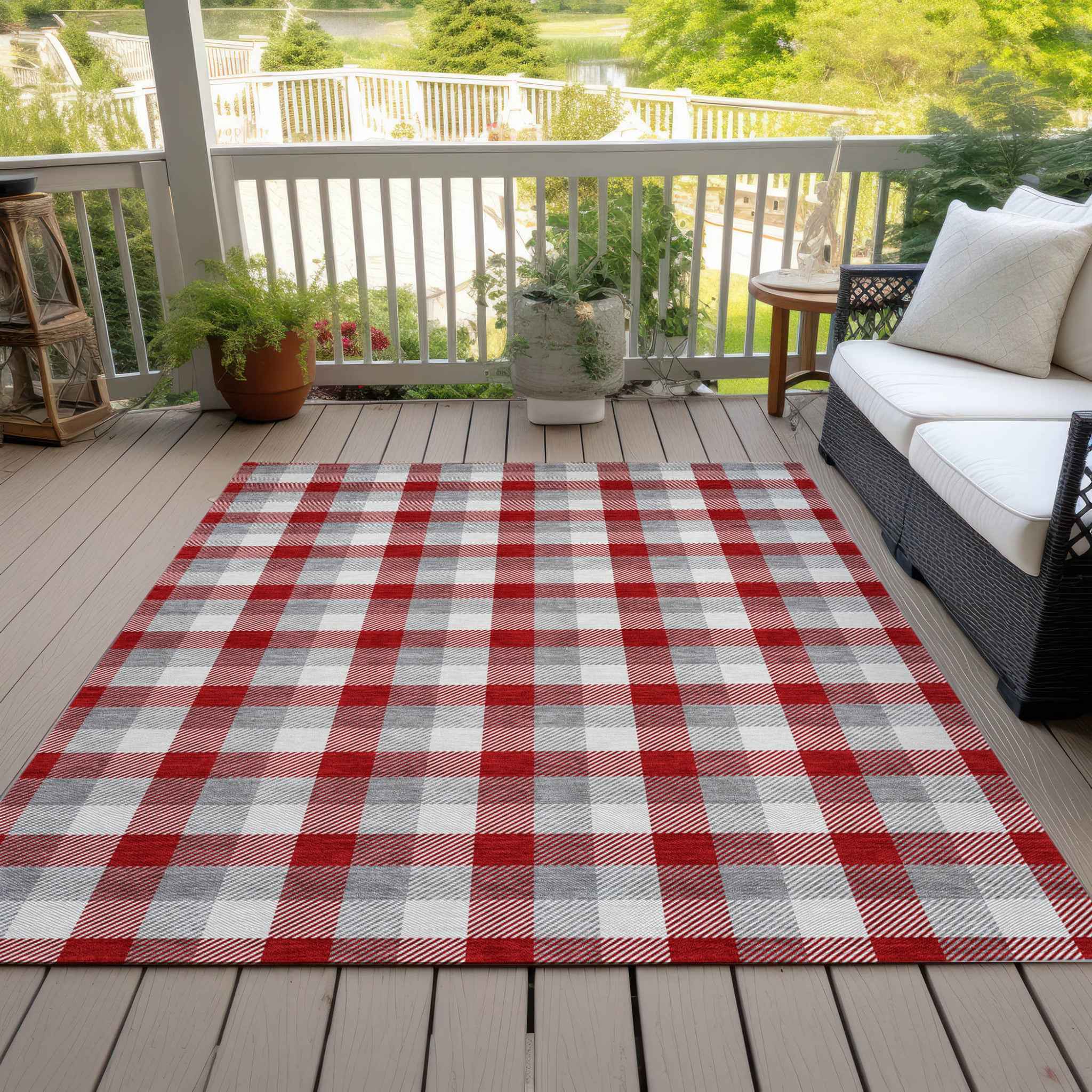 9' X 12' Red Gray And Beige Plaid Washable Indoor Outdoor Area Rug