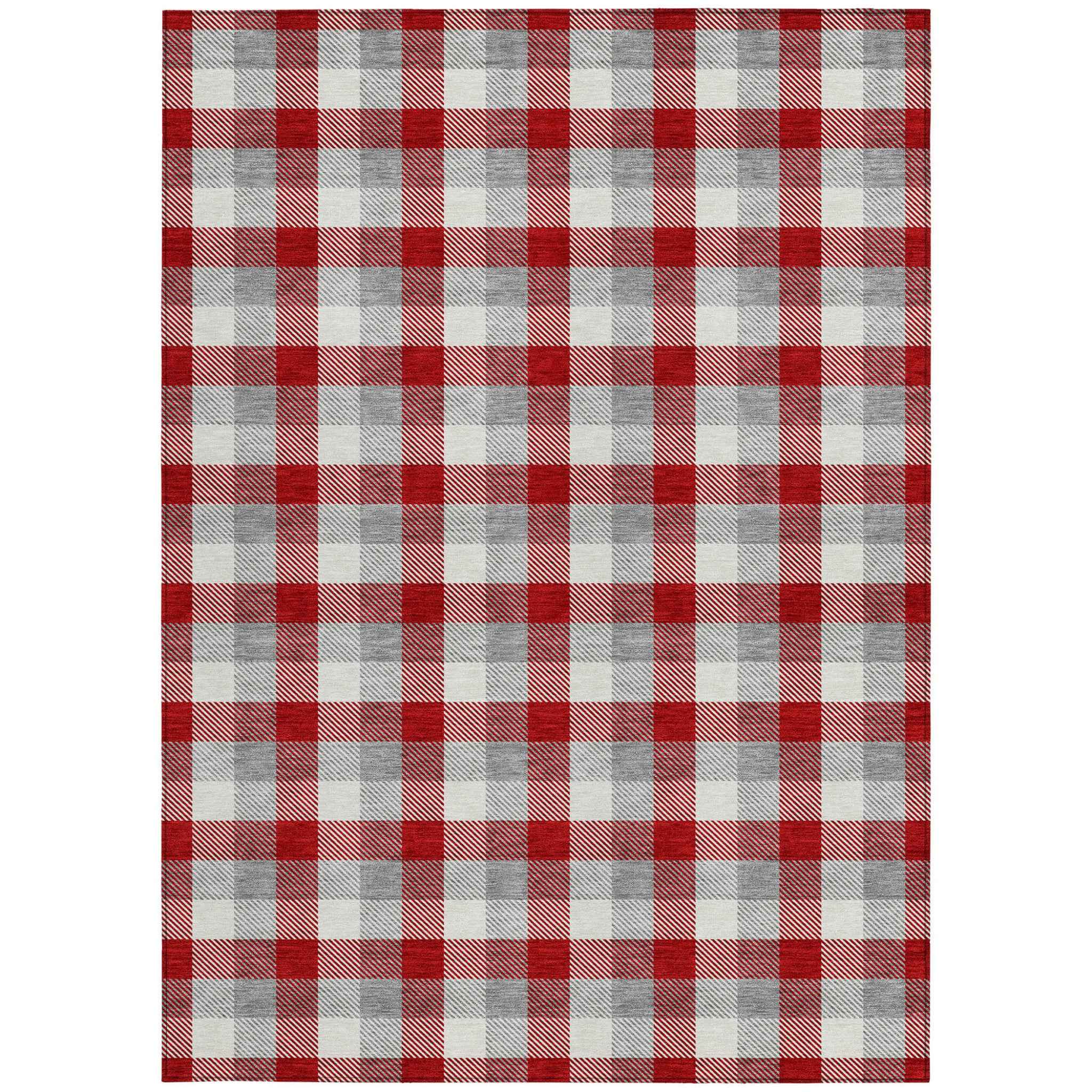 9' X 12' Red Gray And Beige Plaid Washable Indoor Outdoor Area Rug