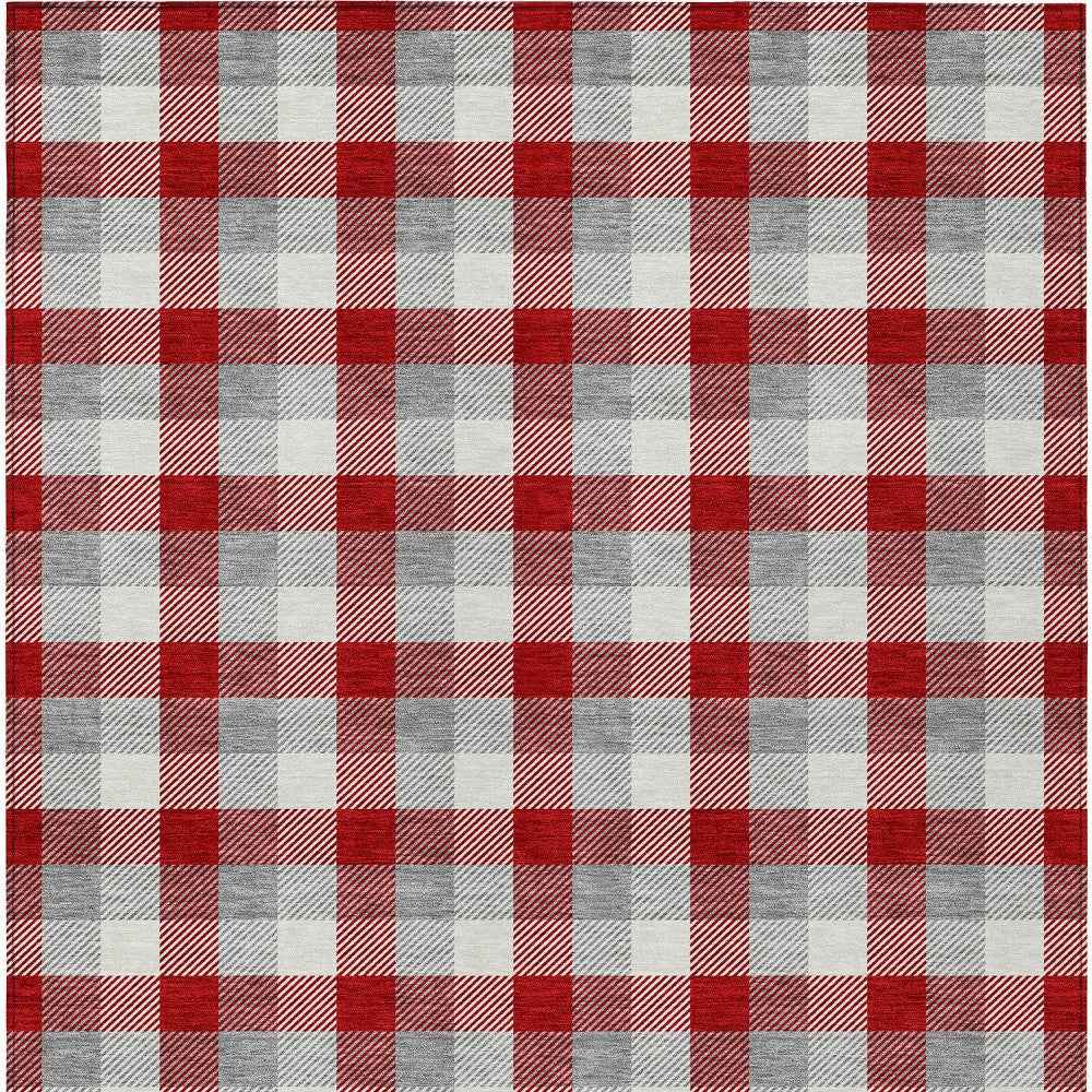 9' X 12' Red Gray And Beige Plaid Washable Indoor Outdoor Area Rug