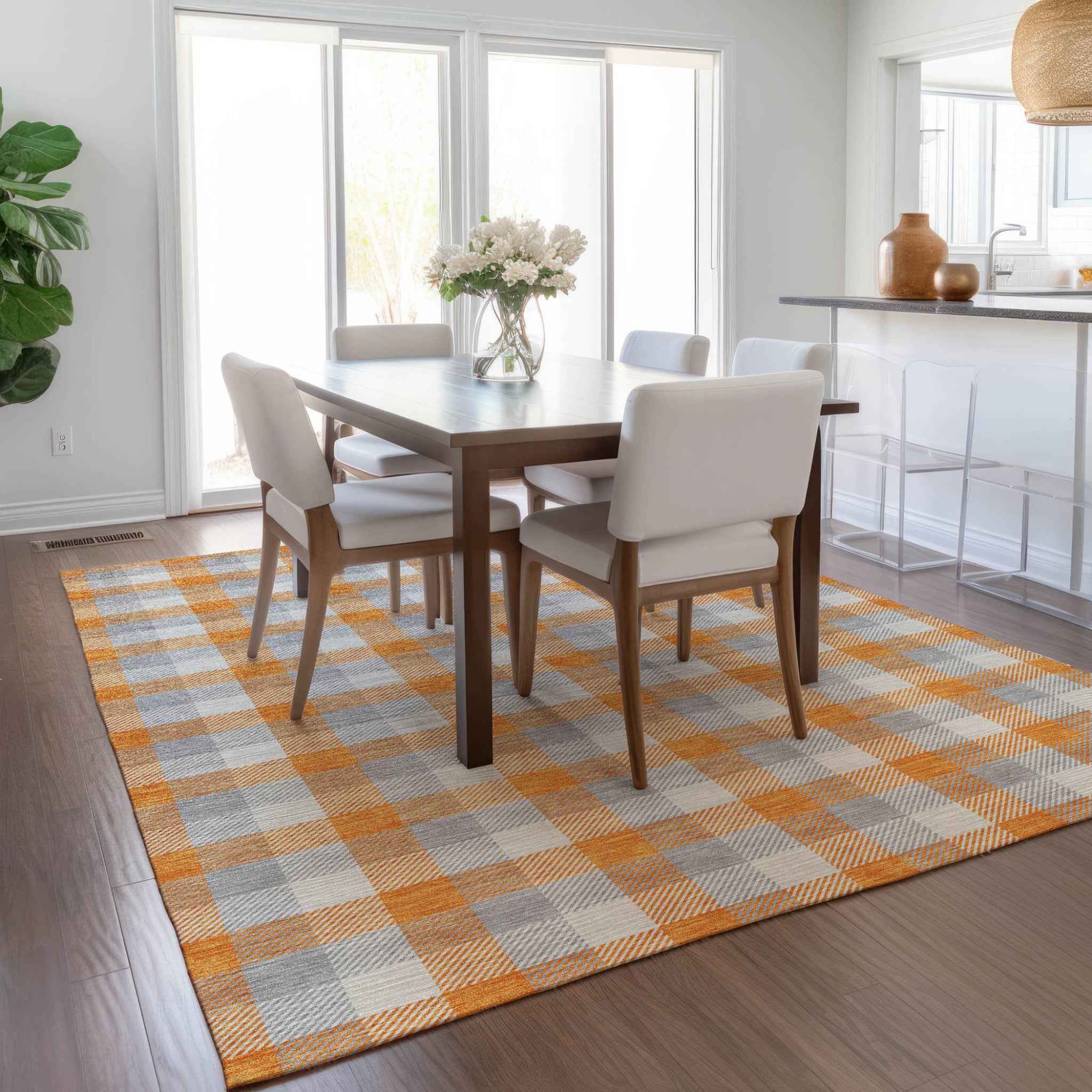 3' X 5' Orange Gray And Beige Plaid Washable Indoor Outdoor Area Rug