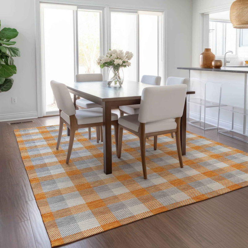 3' X 5' Orange Gray And Beige Plaid Washable Indoor Outdoor Area Rug