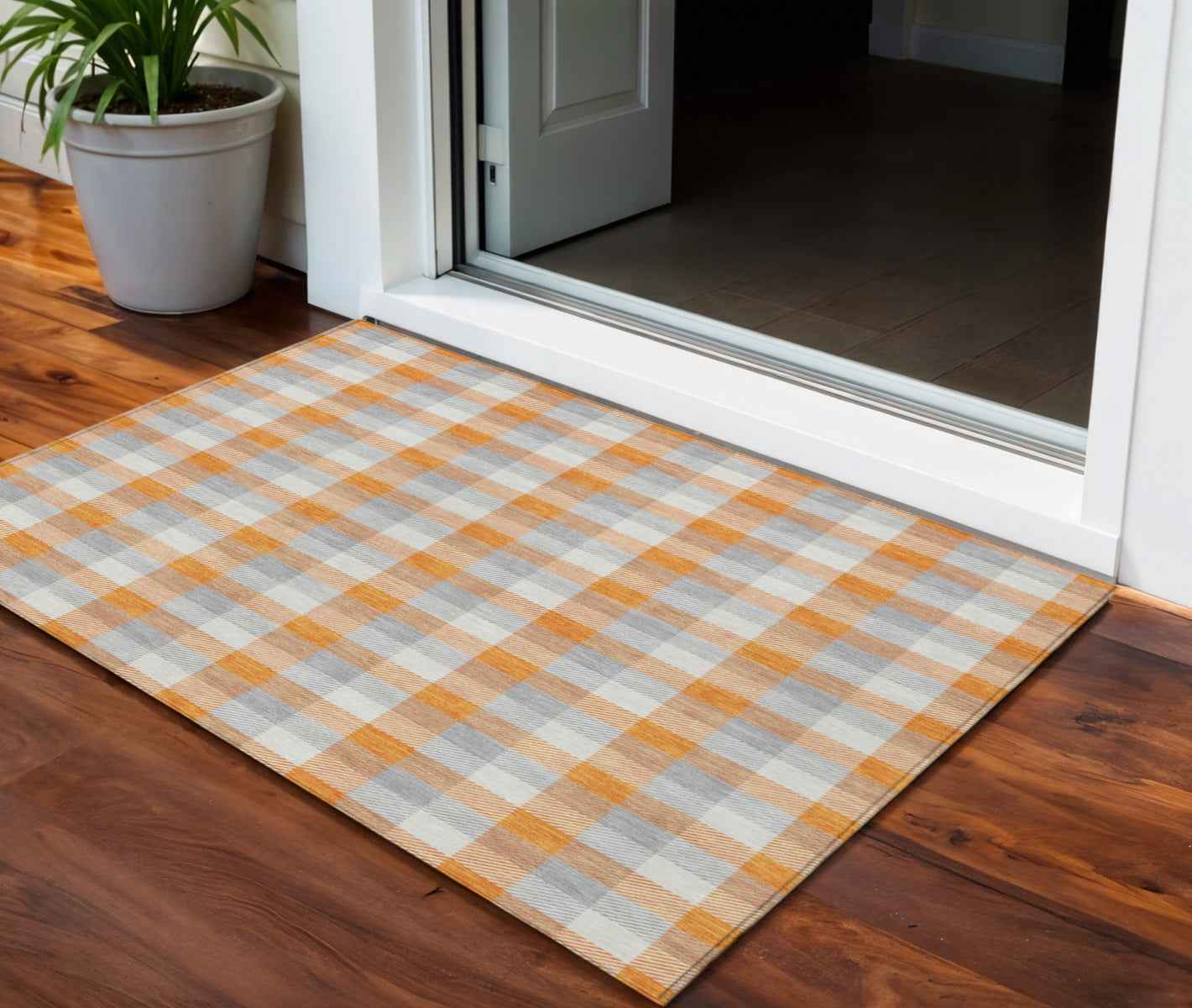 3' X 5' Orange Gray And Beige Plaid Washable Indoor Outdoor Area Rug