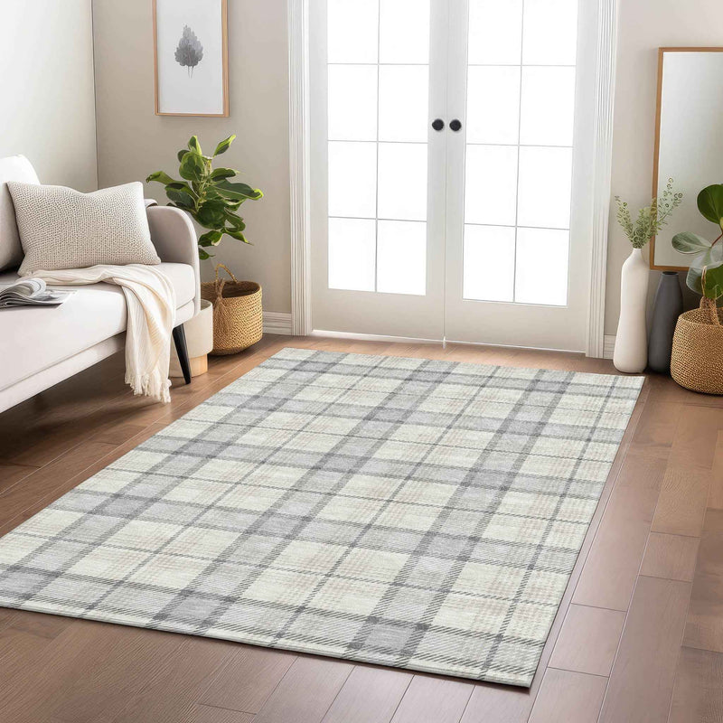 5' X 8' Silver And Gray Plaid Washable Indoor Outdoor Area Rug