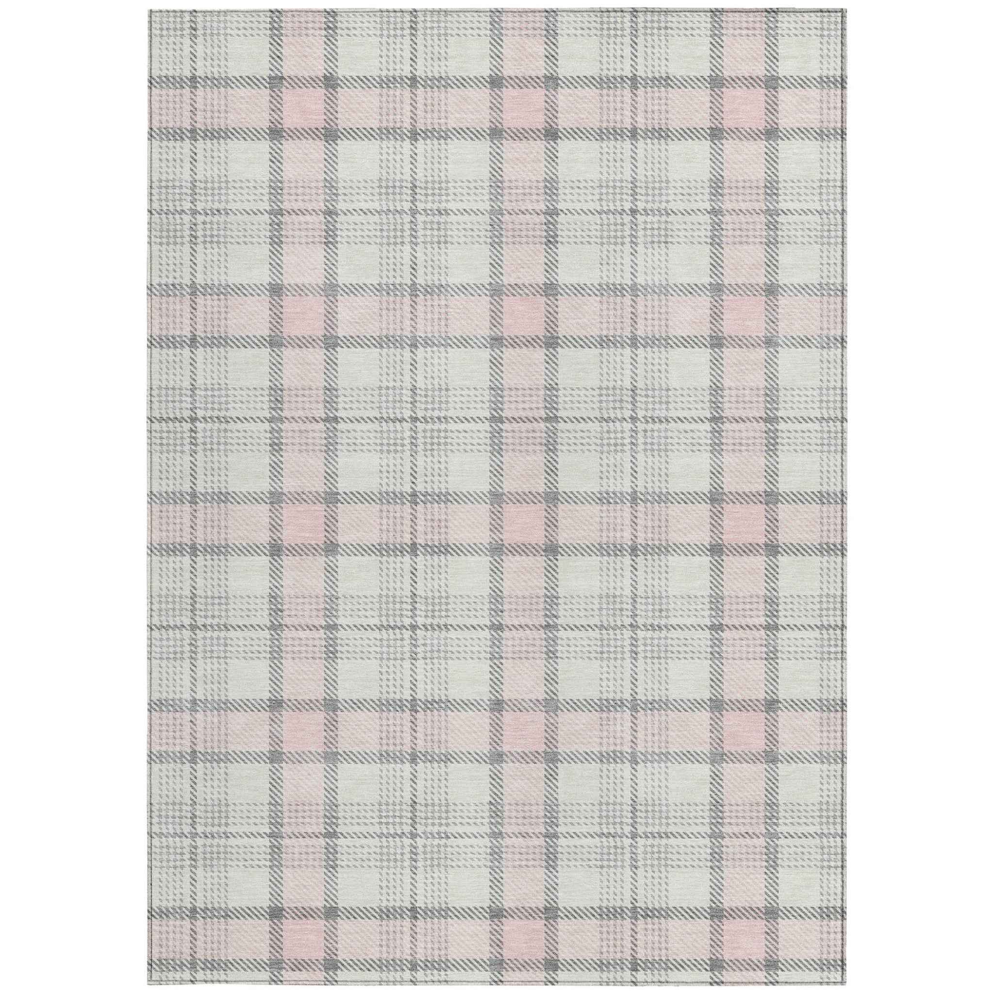 10' X 14' Pink And Gray Plaid Washable Indoor Outdoor Area Rug