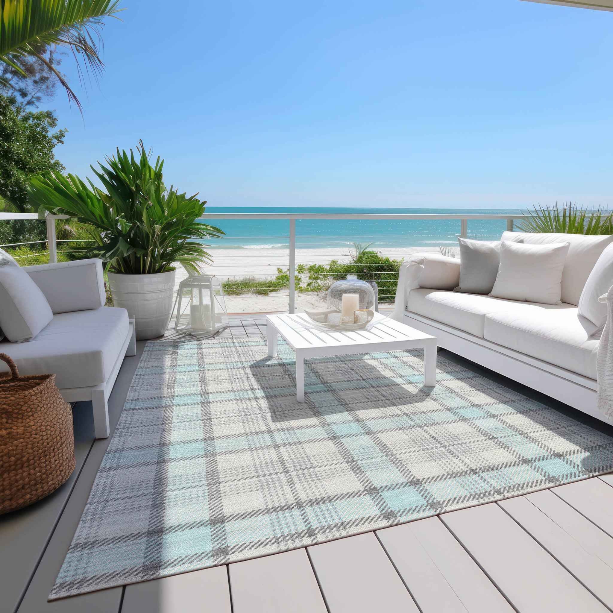 3' X 5' Sky Blue And Gray Plaid Washable Indoor Outdoor Area Rug