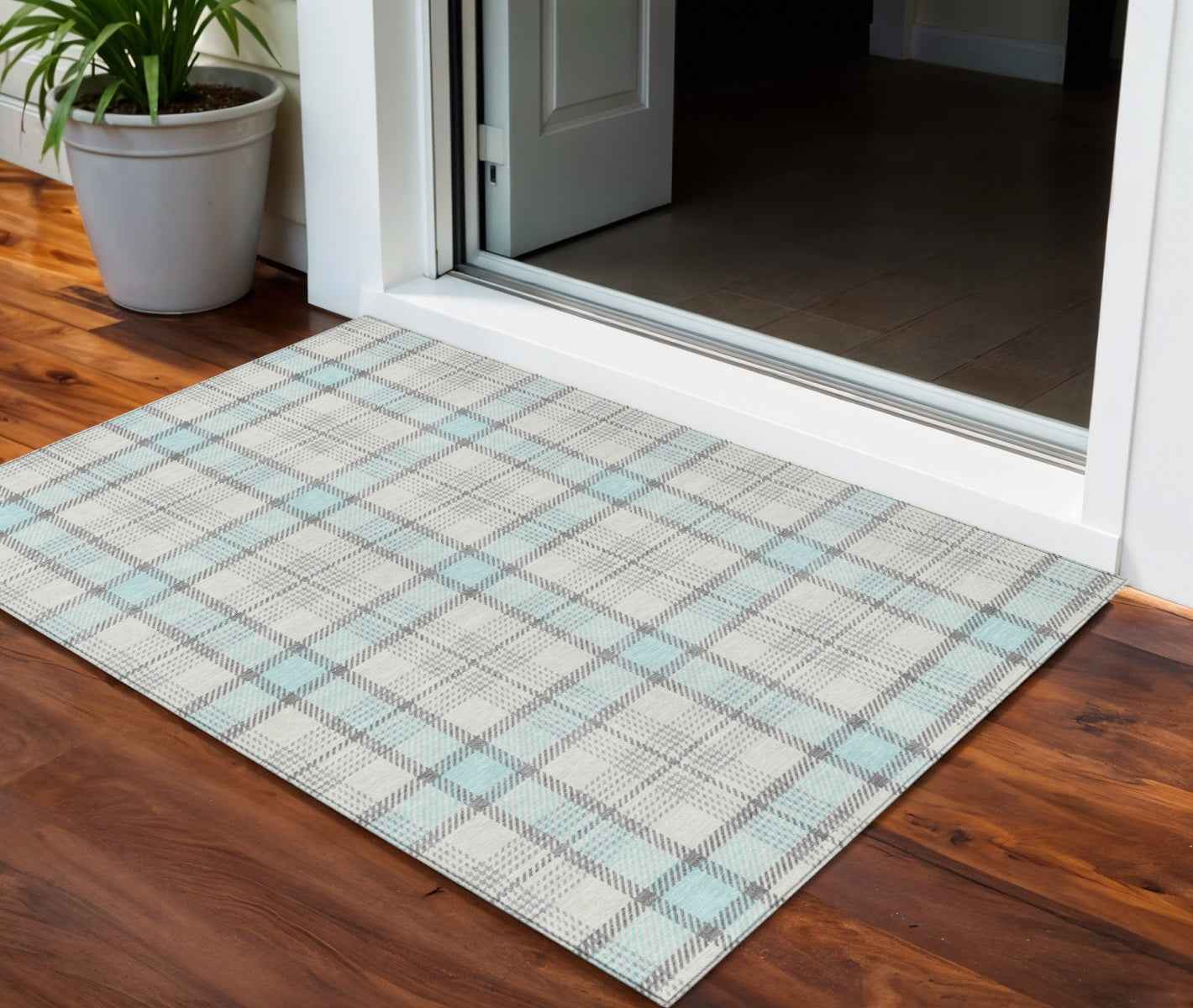 3' X 5' Sky Blue And Gray Plaid Washable Indoor Outdoor Area Rug