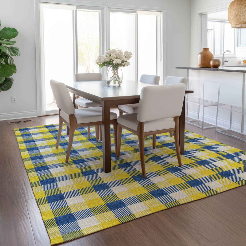 10' X 14' Yellow Blue And Beige Plaid Washable Indoor Outdoor Area Rug